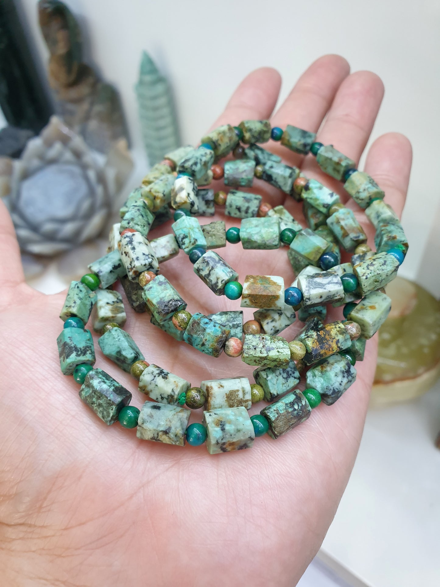 Turquoise Stretch Bracelet 17cm, Natural Gemstone Rugged Cylinder Beads