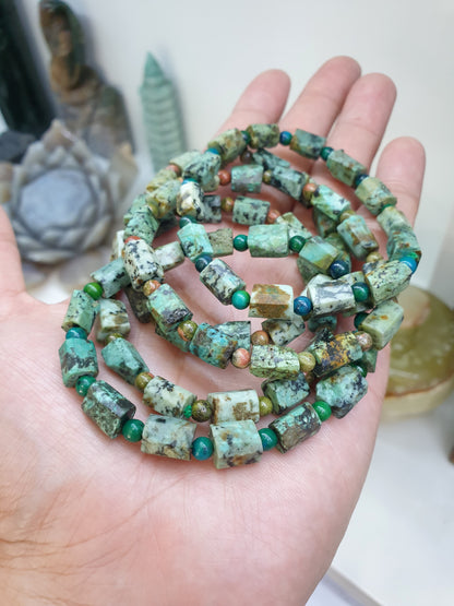 Turquoise Stretch Bracelet 17cm, Natural Gemstone Rugged Cylinder Beads