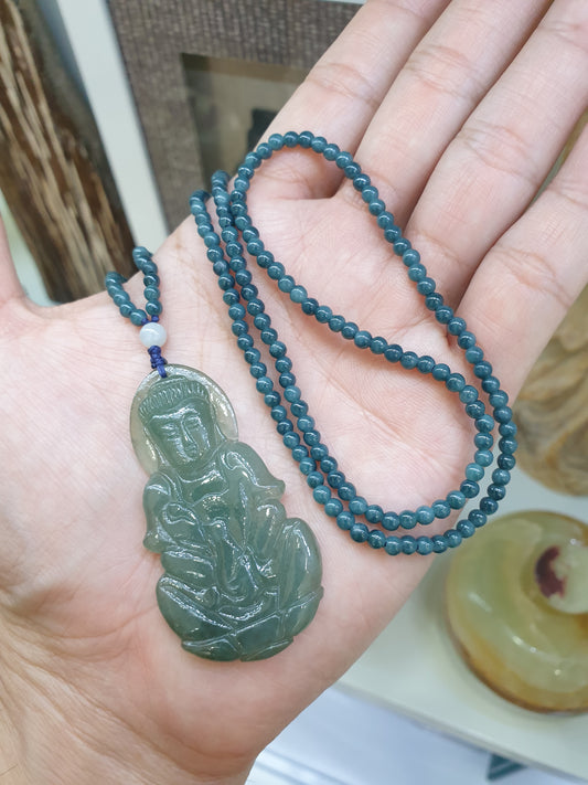 Jade Guan Yin on Blue Jade beaded Necklace (24") | Fei Cui Type A Jadeite | His or Hers Fortune Necklace