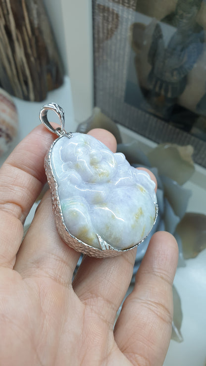 Lavender Jade Happy Buddha Pendant | Textured Sterling Silver | Wealth & Fortune Jewelry