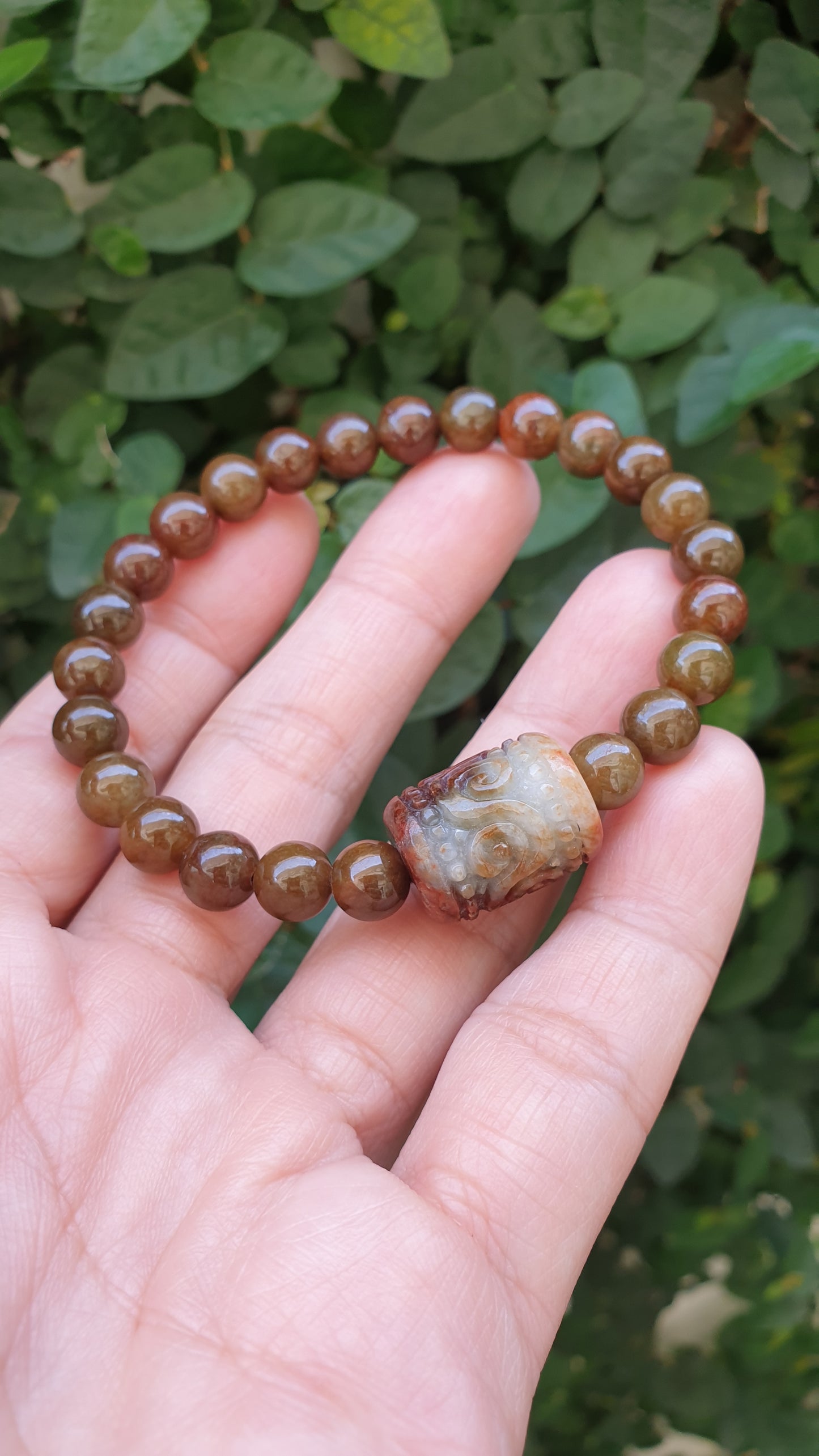 Vintage Brown Jade Wish Fulfilling Bracelet 17cm Ru Yi Cylinder Charm Natural Jadeite
