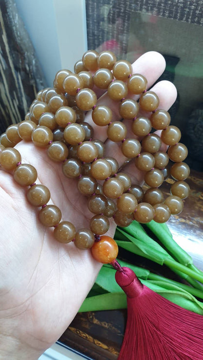 108 Brown Jade Beads Japa Mala - Handcrafted Meditation Beads