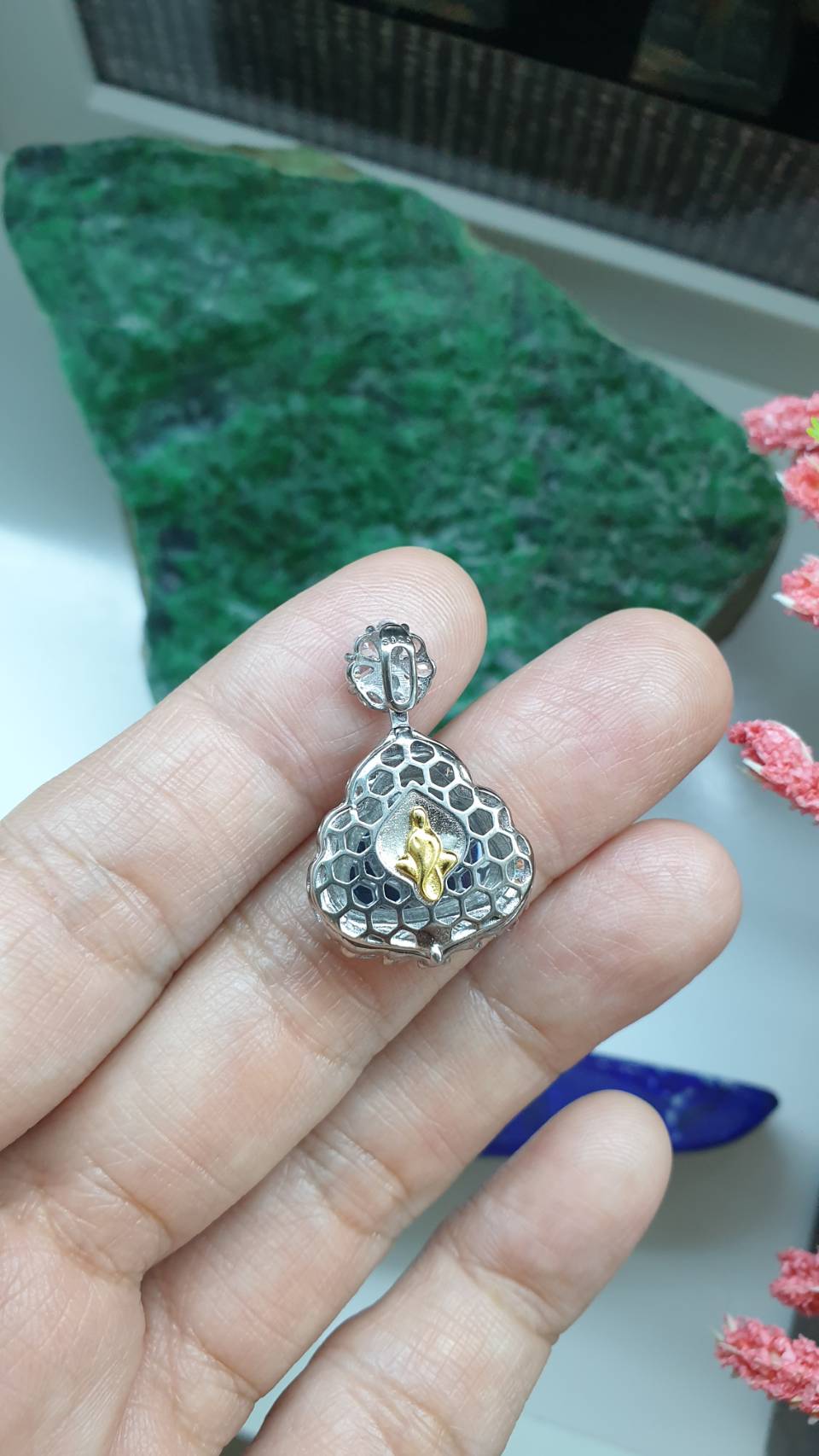 Happy Buddha Sterling Silver Locket Pendant Icy Blue Jade Type A Natural Jadeite