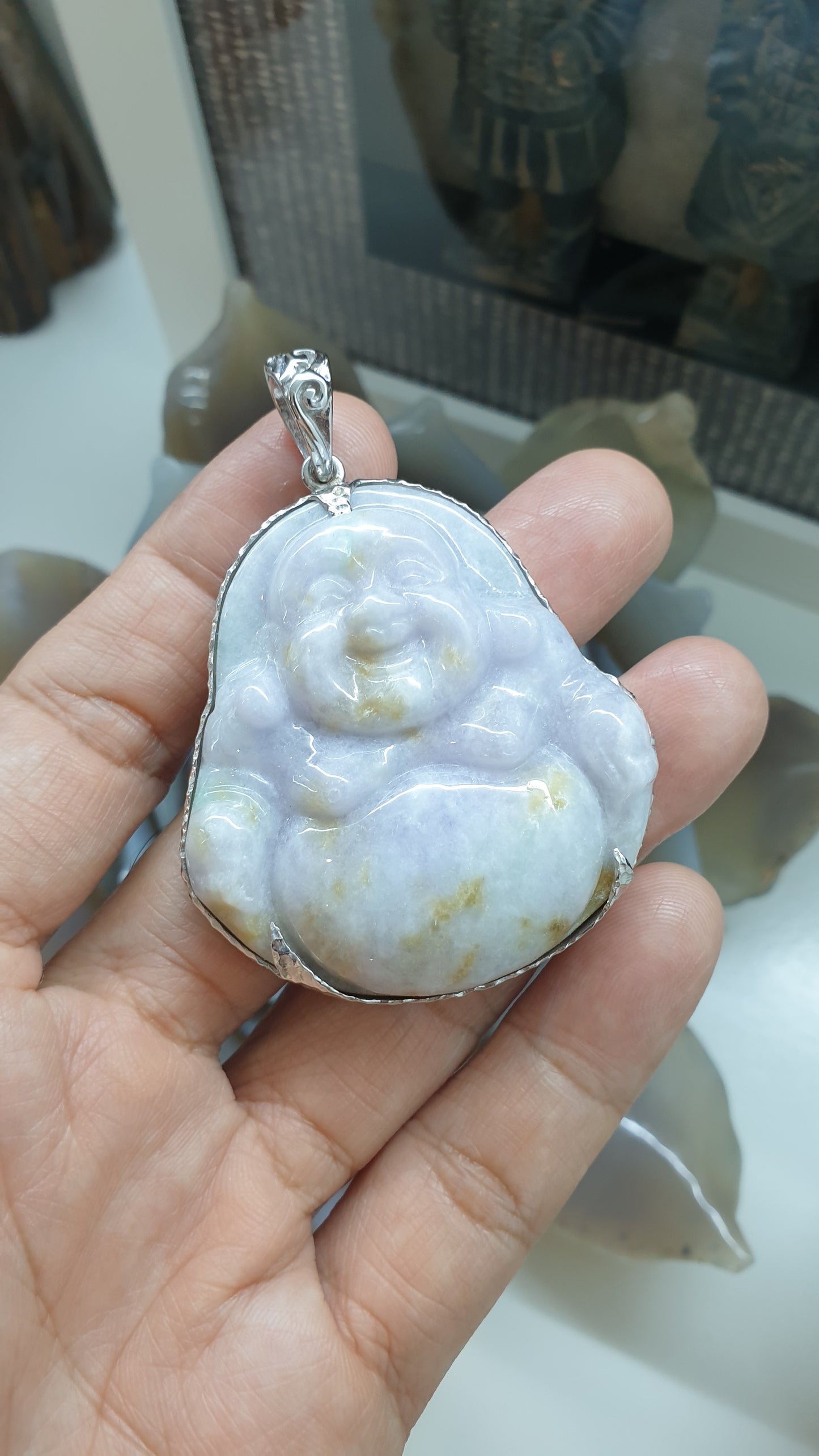 Lavender Jade Happy Buddha Pendant | Textured Sterling Silver | Wealth & Fortune Jewelry