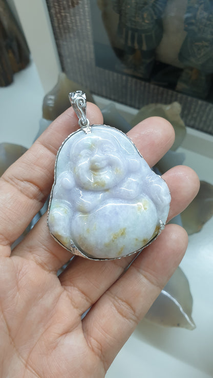 Lavender Jade Happy Buddha Pendant | Textured Sterling Silver | Wealth & Fortune Jewelry