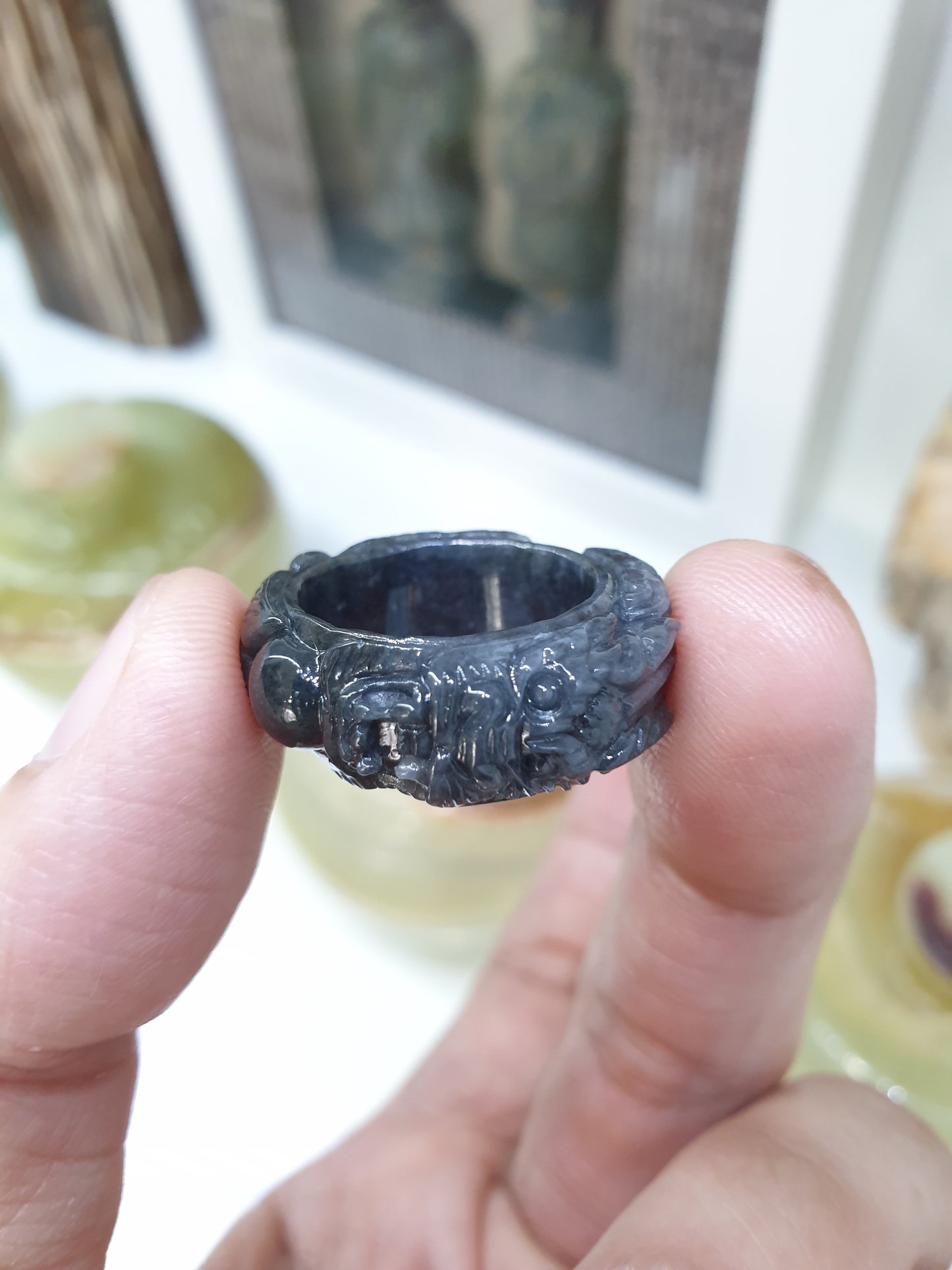 Type A Natural Black Jadeite Carved Dragon Ring - US Size 7.5