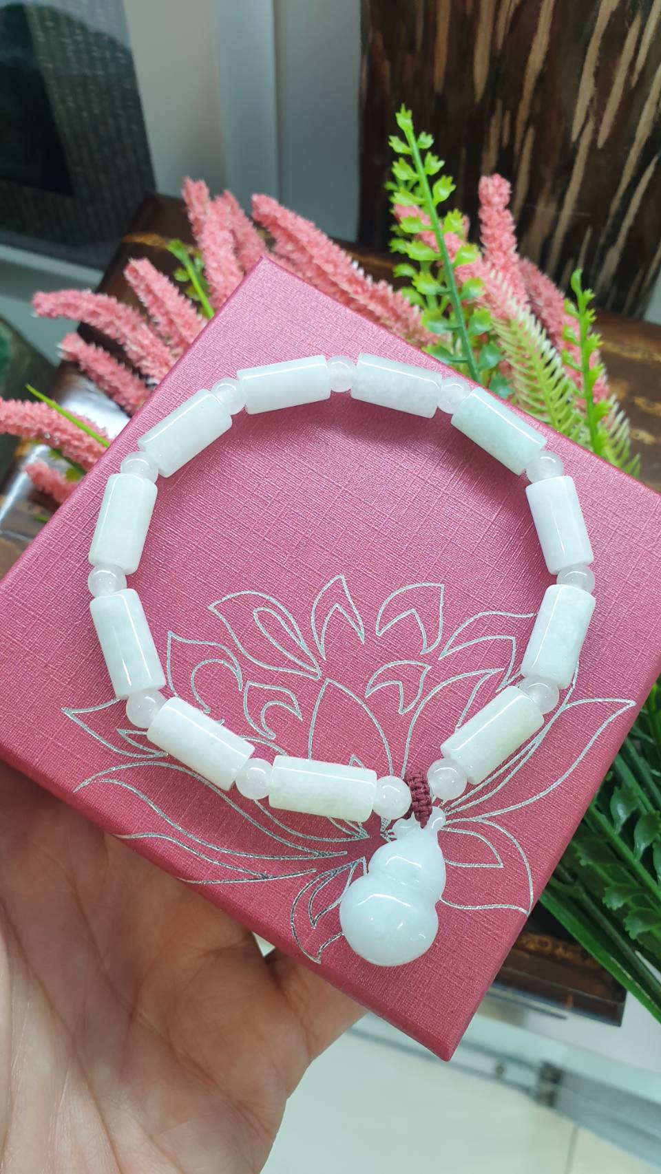Jade Wu Lou Bracelet 18cm Silky White Type A Natural Myanmar Jadeite Cylinder Beads