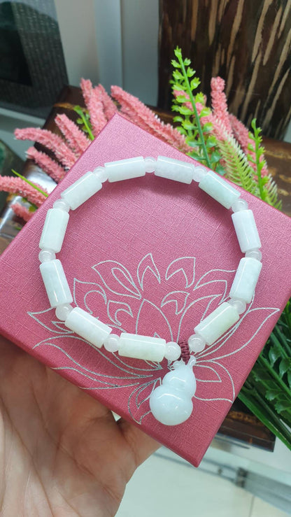 Jade Wu Lou Bracelet 18cm Silky White Type A Natural Myanmar Jadeite Cylinder Beads