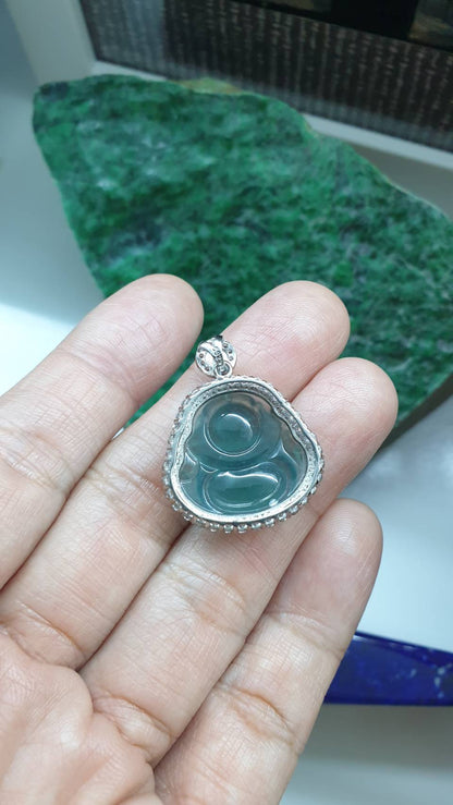 Happy Buddha on Silver Pendant Smoky Blue Jade Type A Natural Jadeite