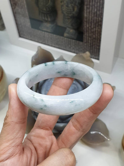 White Jade Everyday Bangle S55 Natural Green Dots Type A Myanmar Jadeite