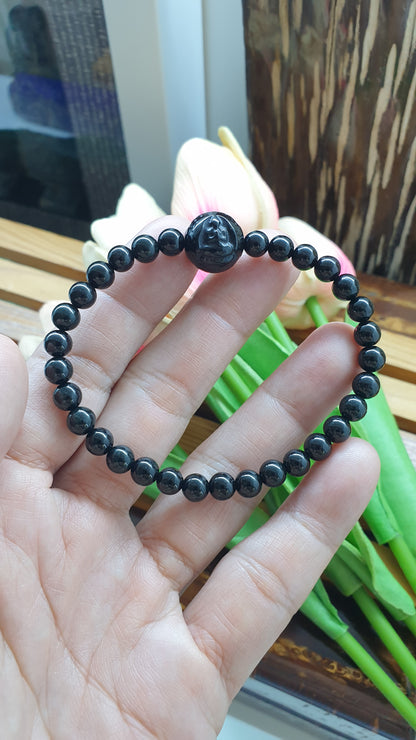Black Jade Buddha Peace Bracelet 17cm Natural Burma Jadeite 6mm Beads