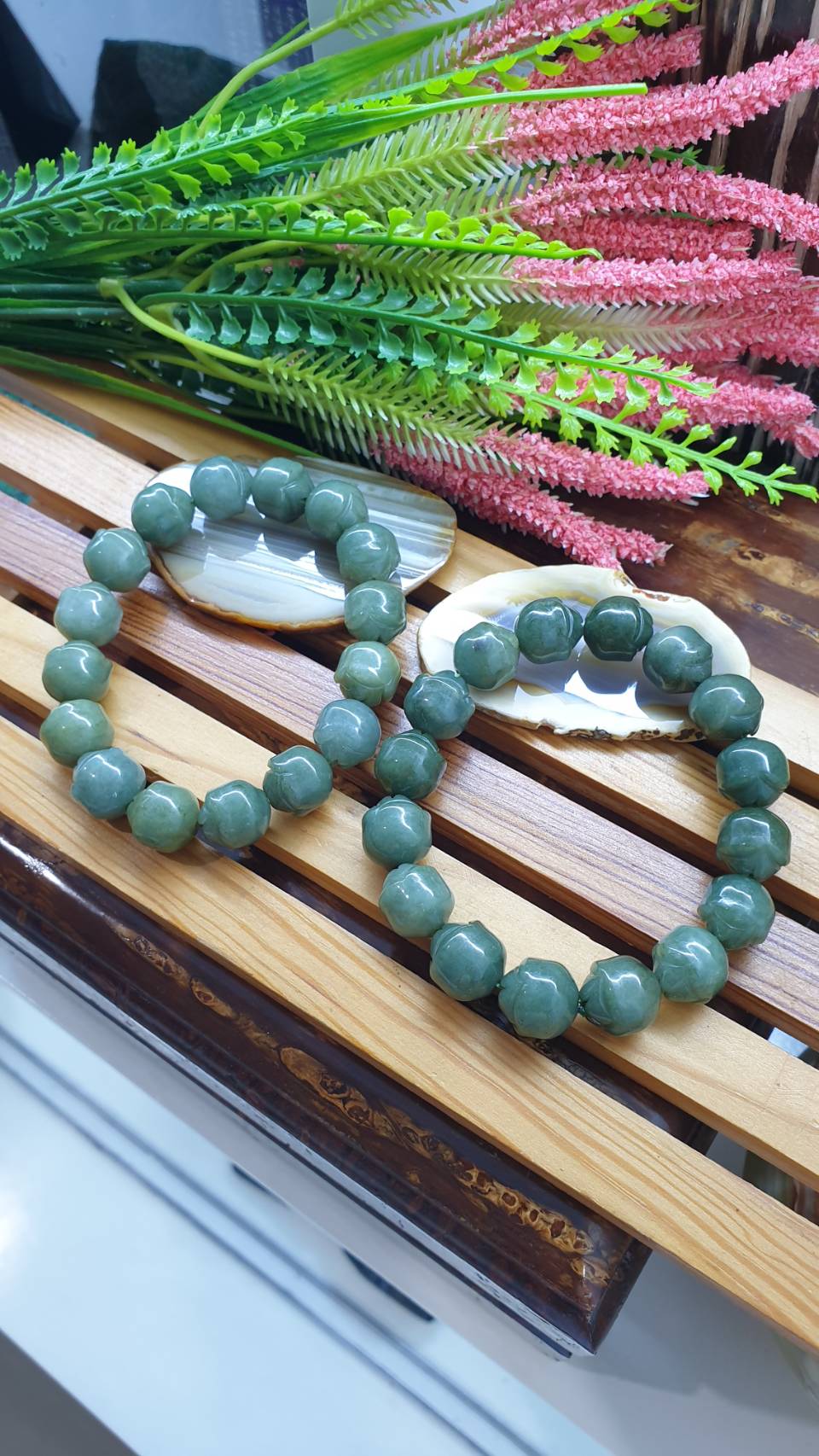 Lotus Jade Bracelet 17cm Natural Green Type A Myanmar Jadeite 12mm Beads