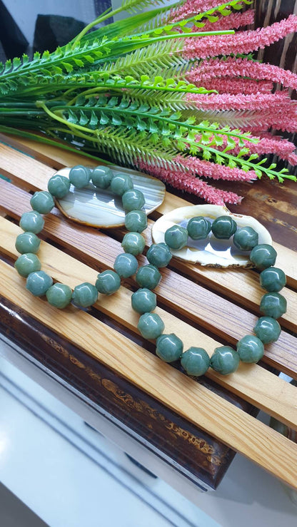 Lotus Jade Bracelet 17cm Natural Green Type A Myanmar Jadeite 12mm Beads