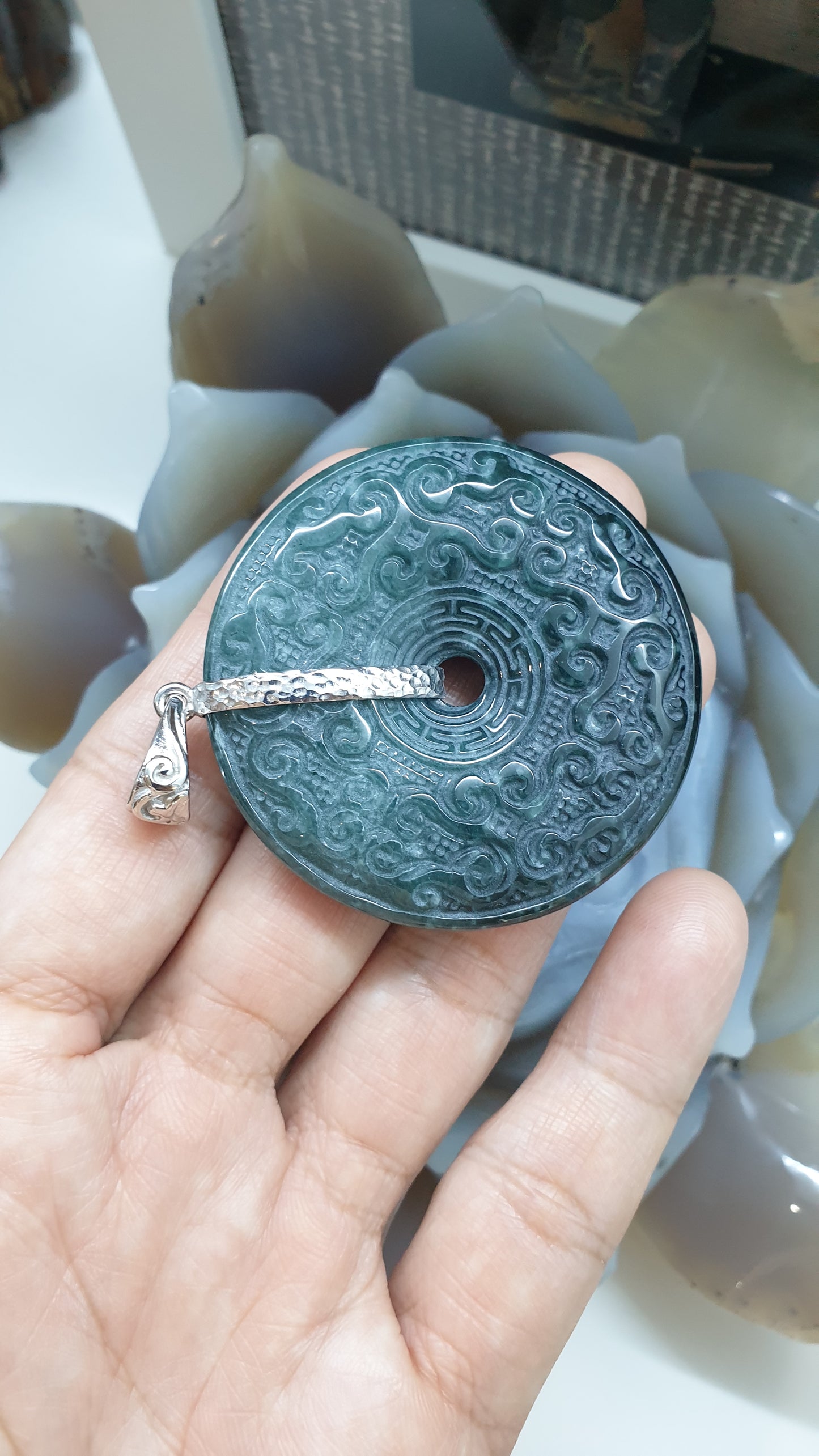 Blue Jade Ru Yi - Peace Buckle Pendant | Fei Cui - Natural Jadeite | Authentic Sterling Silver