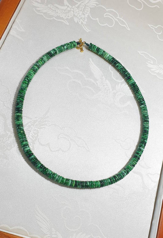 Natural Jade Disc Beads Necklace 16inch Solid 9K Gold Toggle Type A Myanmar Jadeite