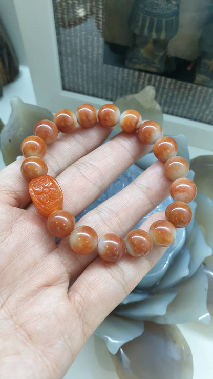 Red Jade Good Fortune Bracelet (17 cm) | 4-Leaf Clover Cylinder Charm | Type A Natural Jadeite