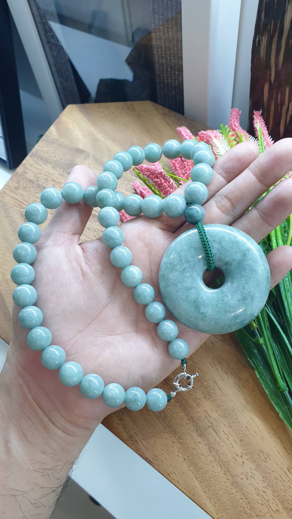Jade Necklace 20inch with Ping An Kou Pendant Type A Natural Jadeite