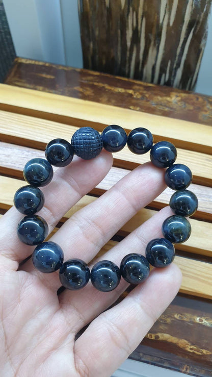 Hawk Eye Prosperity Bracelet with Cai Shen Ye Charm, 17 cm - Natural Stones