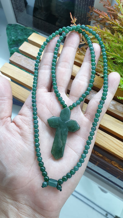 Green Jade Cross Handcrafted Necklace 24inch Fei Cui Type A Natural Jadeite
