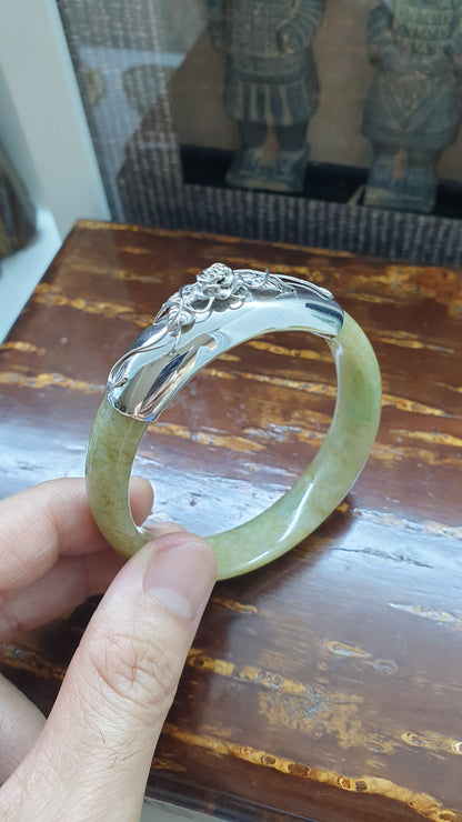 Une Rose Honey Jade Bangle (S 57 - 58) | Fei Cui Type A Jadeite & Sterling Silver | Statement Wrist Accessory