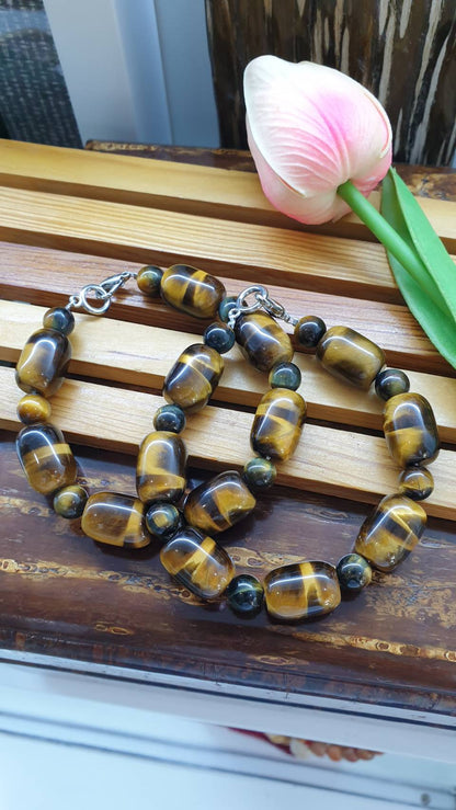 Tiger Eye Bracelets with Lobter Locks, 18 cm - Natural Stone Cylinder Beads