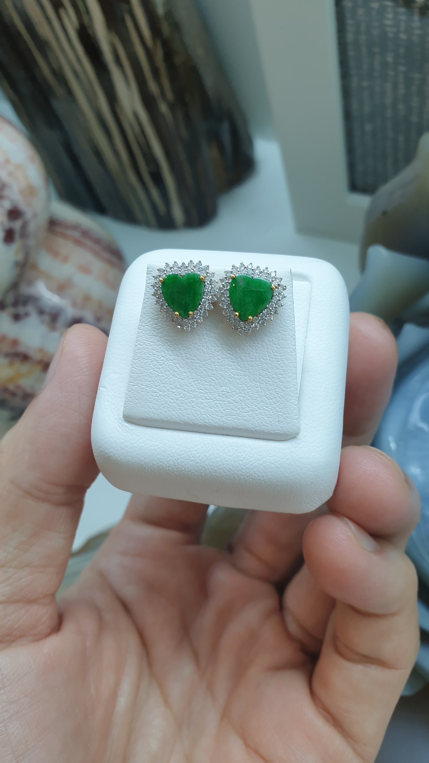 Jade & Diamond Heart Earrings | 18K Gold Studs | Fei Cui Type A Natural Jadeite
