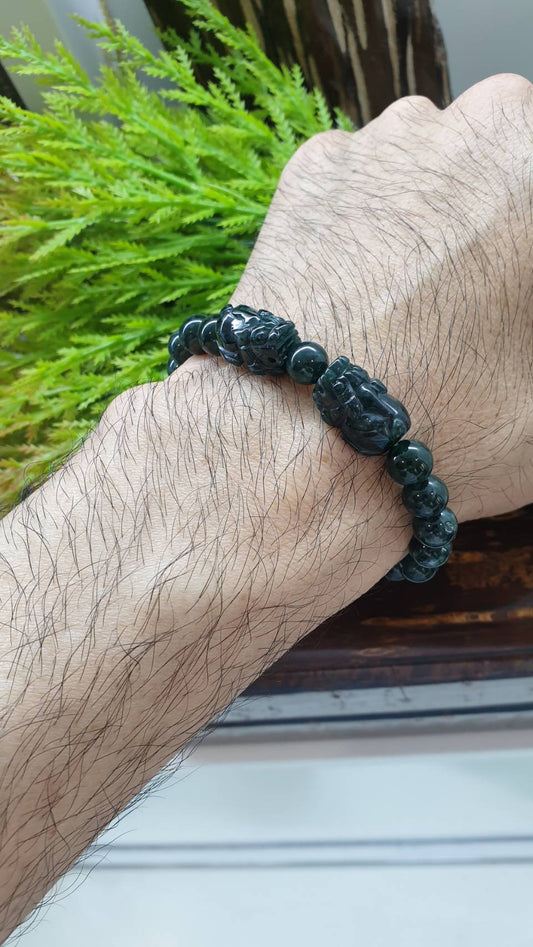 Blue Jade Pixiu Bracelet 17cm with Type A Natural Jadeite Beads