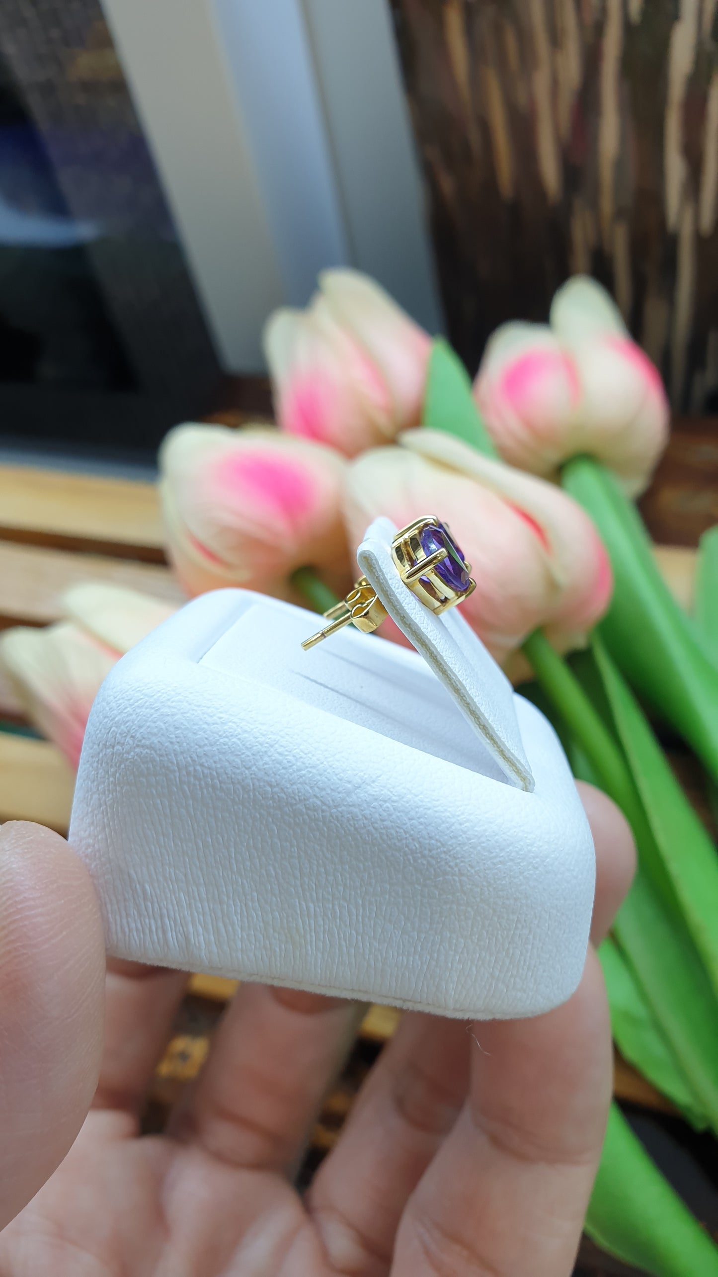 14K Gold Amethyst Stud Earrings Natural Gemstones and Solid Gold