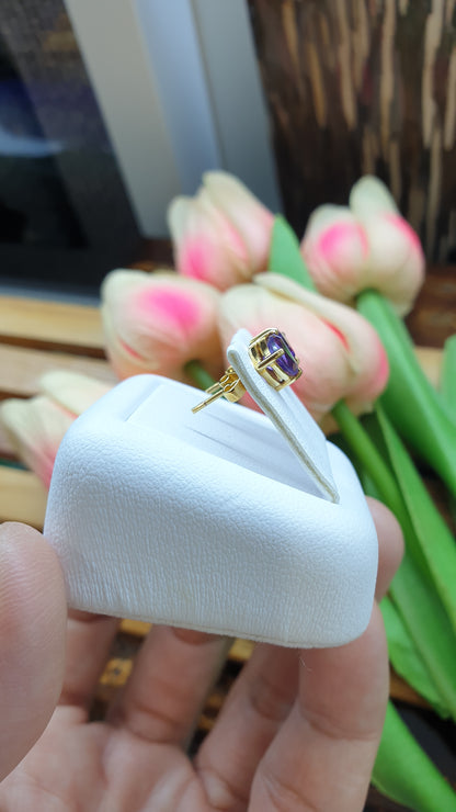 14K Gold Amethyst Stud Earrings Natural Gemstones and Solid Gold