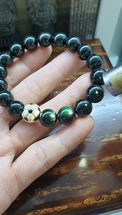 24K Gold Football on Black Jade Bracelet | Pure Gold & Fei Cui Natural Jade | Wrist Candy For Him