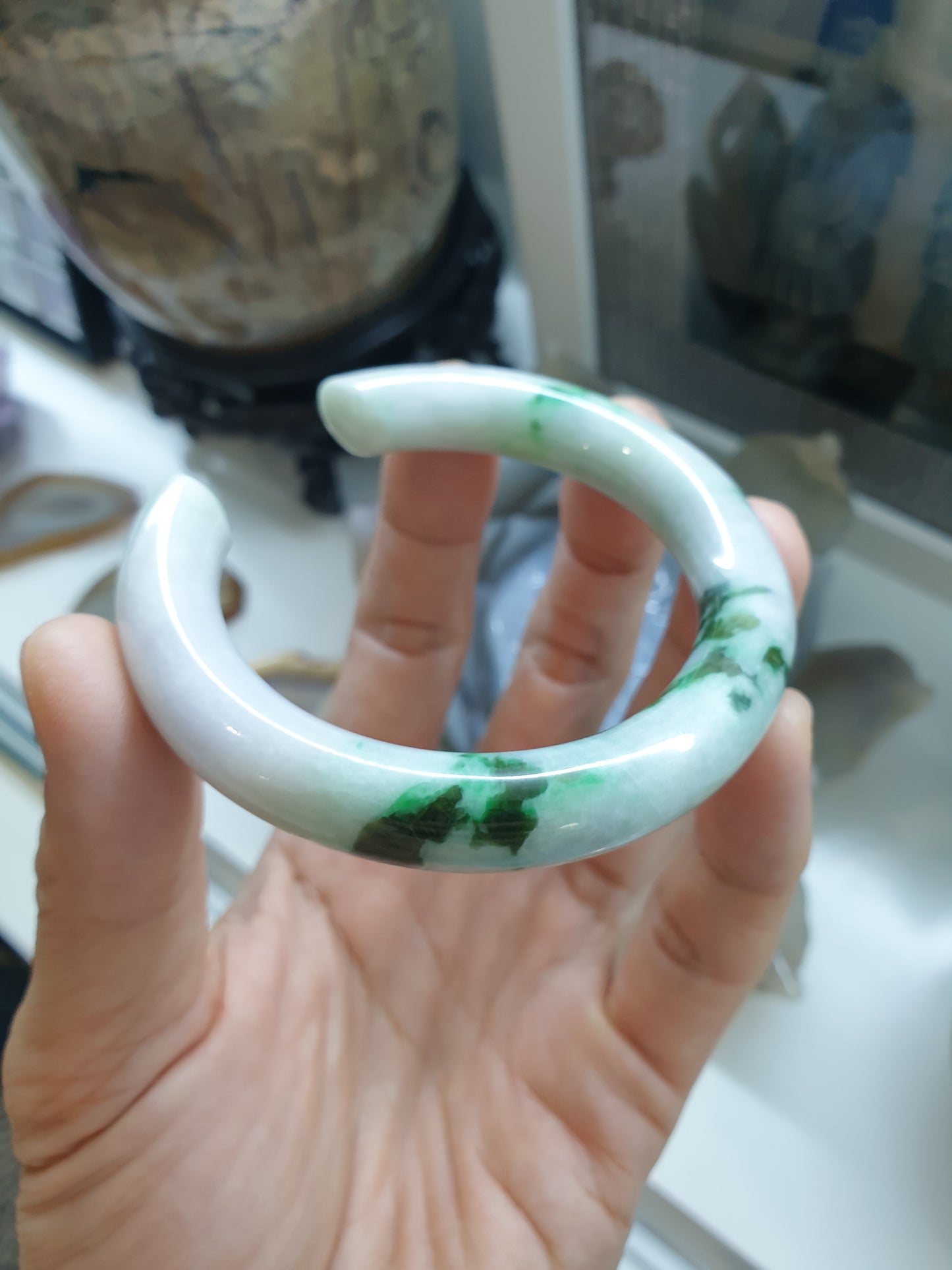 Jade Cylindrical Cuff Bangle Size 55 - 56 Moss in Snow Natural Jadeite