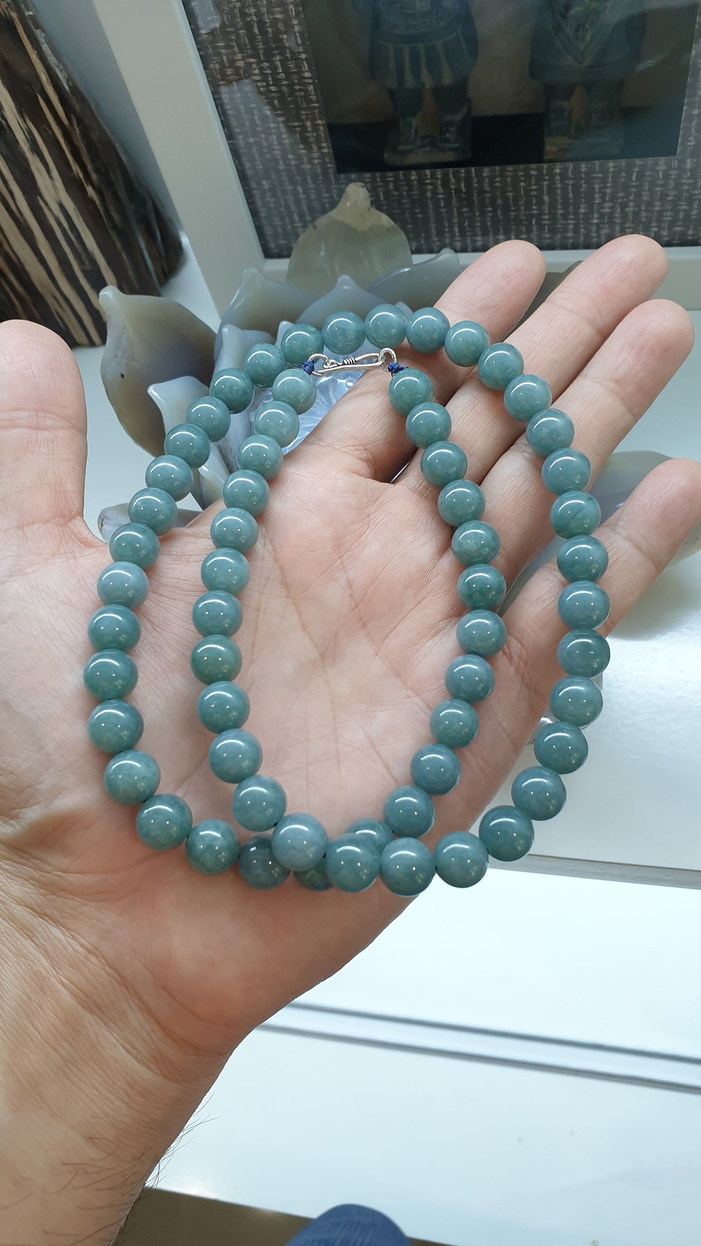 Blue Jade Beaded Necklace 22Inch Type A Jadeite Guatemala Origin