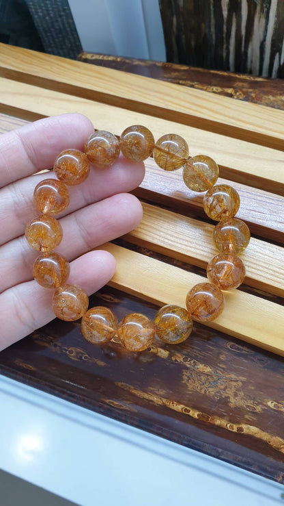 Red Rutilated Quartz Bracelet 17.5 cm - Natural Gemstone 13.5 mm Beads