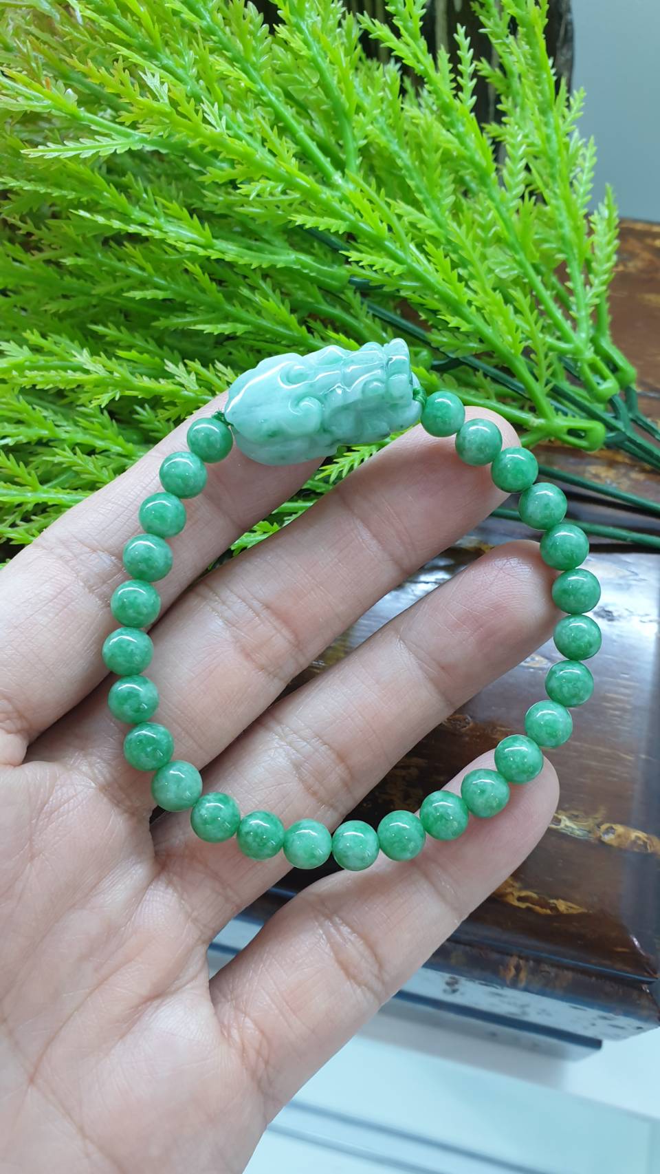 Jade Pixiu 17cm Bracelet - Type A Jadeite in Moss in Snow and Apple Green