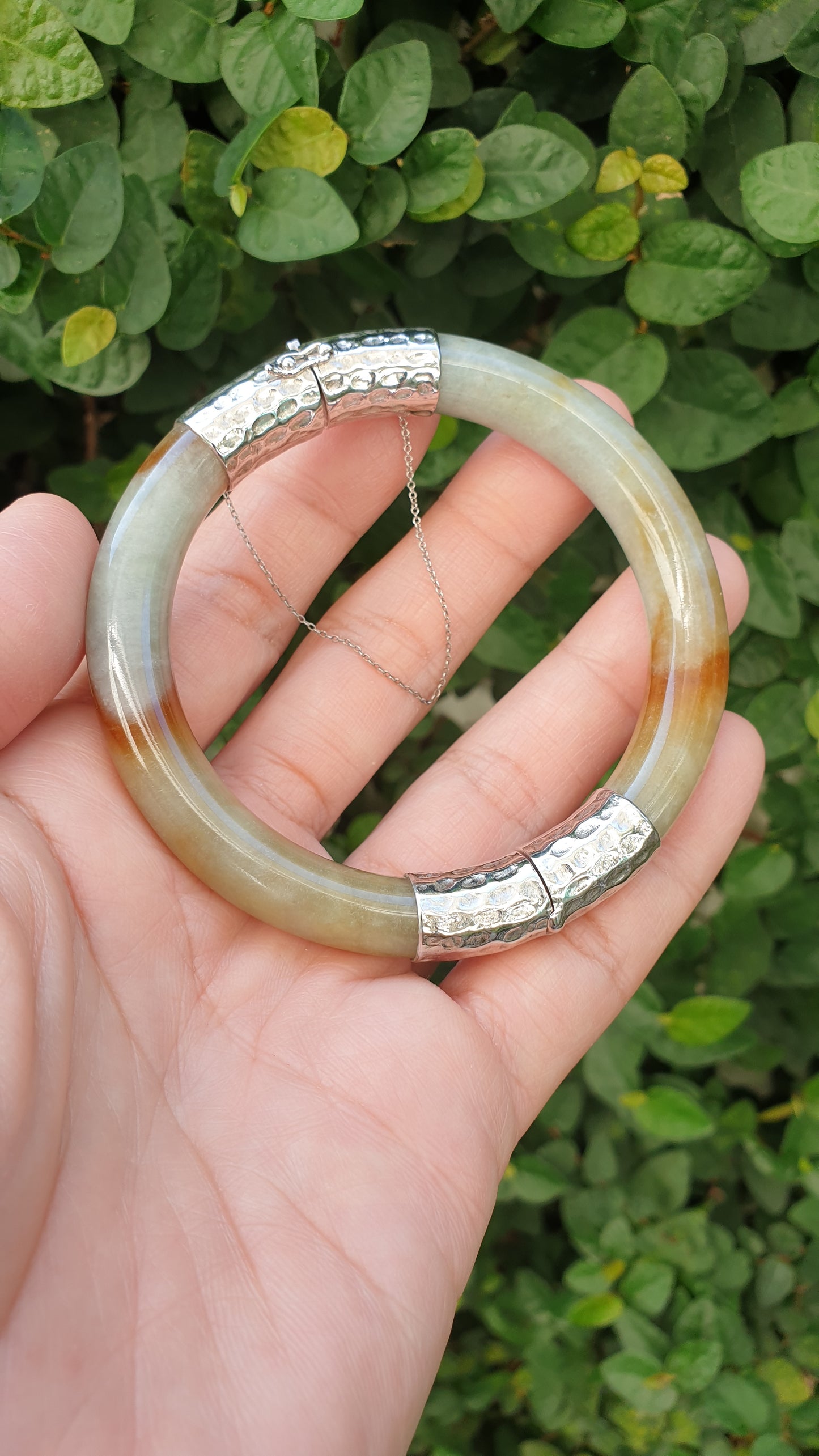 Hok Lok Siew Jade Cylindrical Split Bangle S61 Natural Myanmar Jadeite Sterling Silver