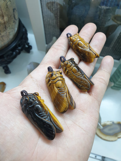 Cicada Pendant (Random Pick) | Natural Tiger's Eye Stone | Handwoven Thread Bail