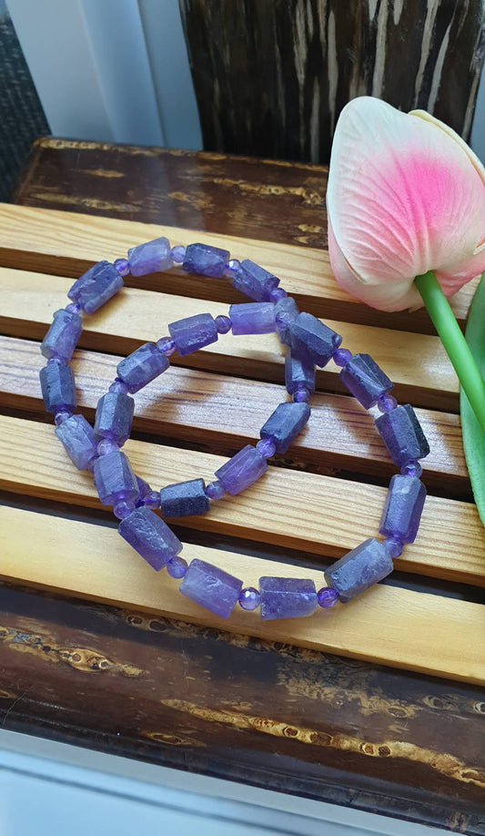 Amethyst Stretch Bracelets 17cm, Natural Gemstone Rugged Cylinder Beads