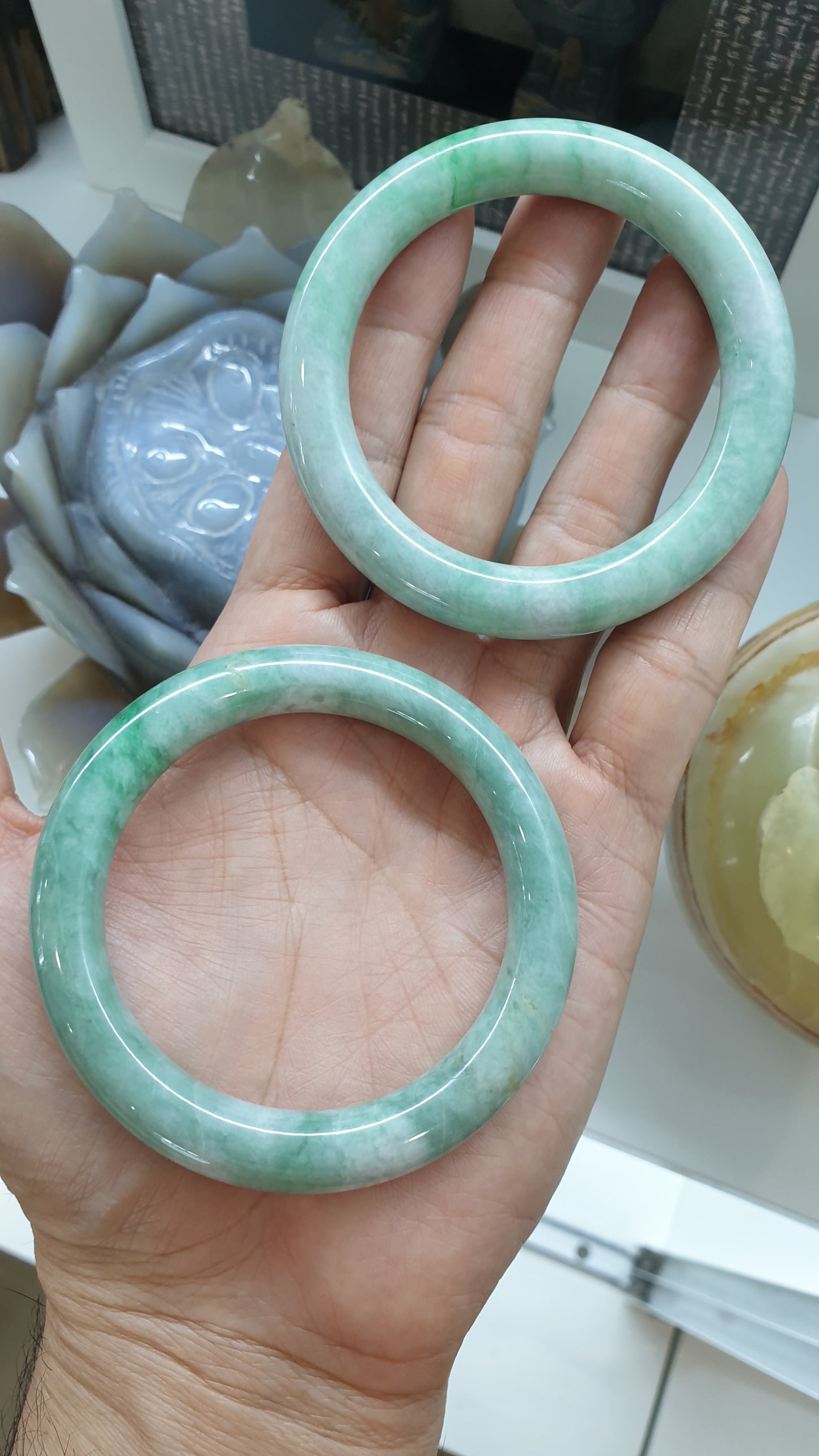 Paired Vintage Jade Cylindrical Bangles S56 Authentic Myanmar Green Jadeite