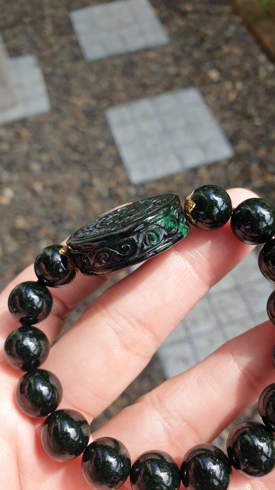 Ru Yi Black Jade Bracelet 17cm Gold Accents Myanmar Natural Black Jadeite Type A