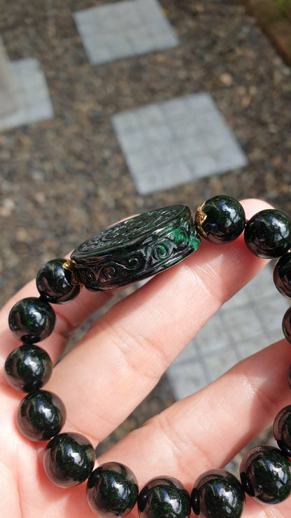 Ru Yi Black Jade Bracelet 17cm Gold Accents Myanmar Natural Black Jadeite Type A