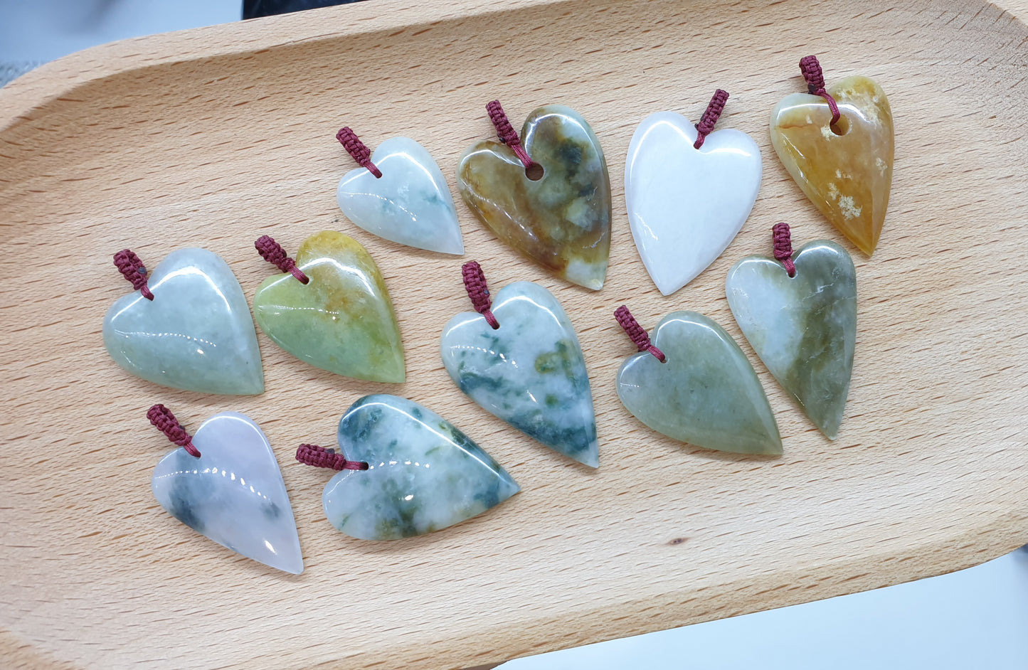 Natural Type A Jadeite Heart Boho Pendant with Handwoven Thread Bail