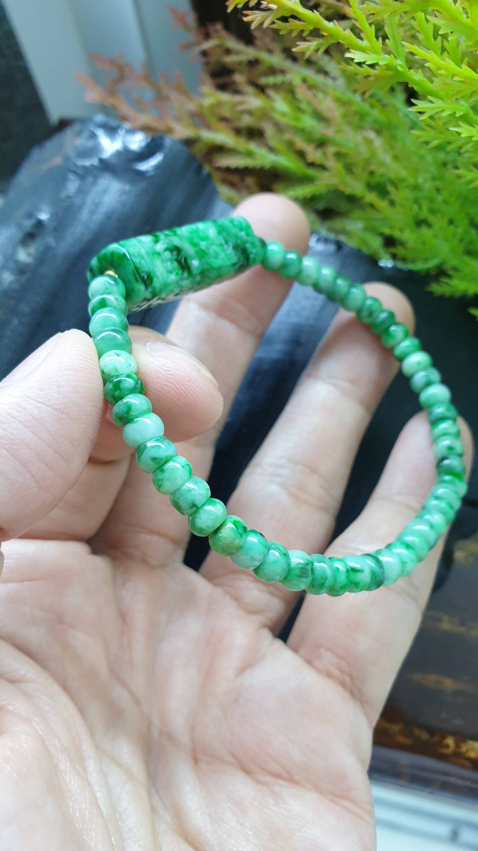 Green Jade Ru Yi Cylinder Bracelet 17cm Fei Cui Type A Jadeite Abacus Beads and Charm