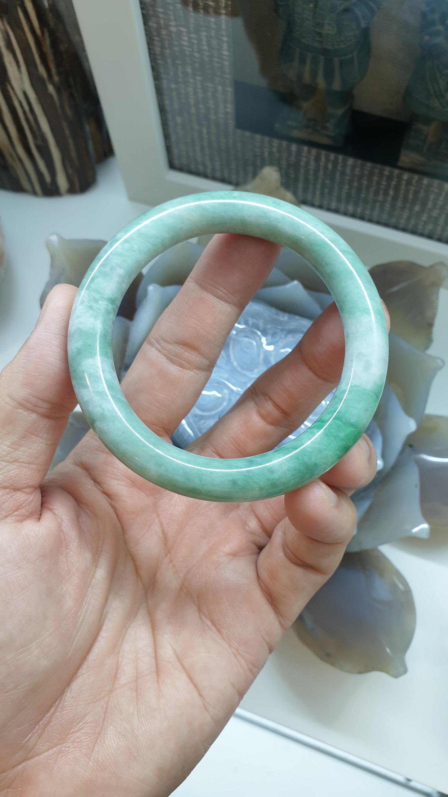 Paired Vintage Jade Cylindrical Bangles S56 Authentic Myanmar Green Jadeite