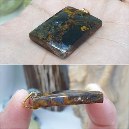 Pietersite Dog Tag Pendant | 9K Gold & Natural Pietersite Stone | Statement Pendant for Him