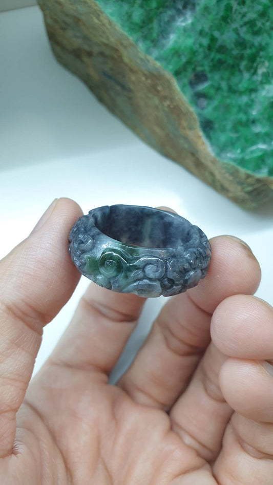 Ru Yi Jade Ring 12.5US Vintage Type A Myanmar Jadeite Natural Marbled Gray Green
