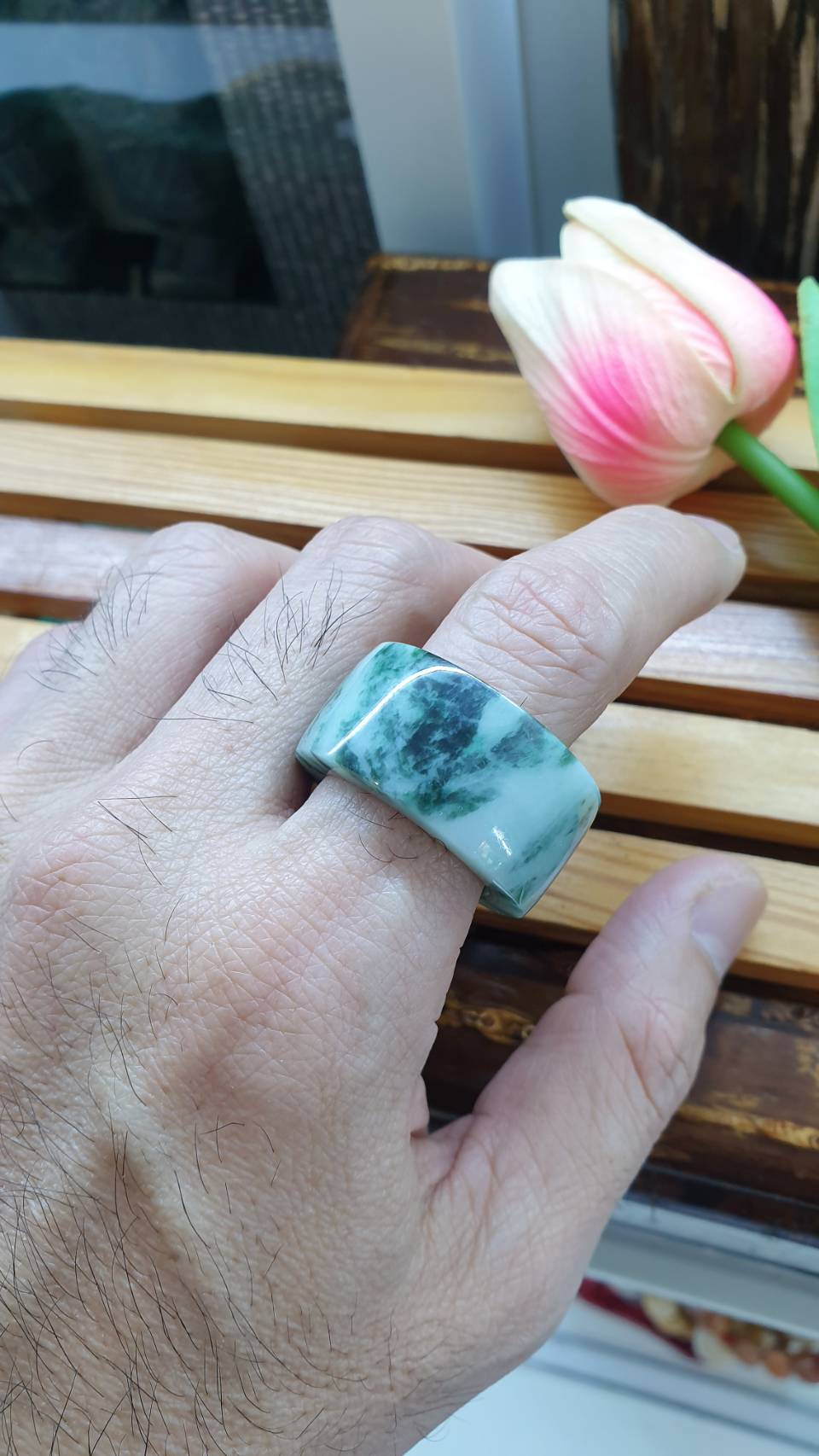 Jade Archer's Ring 11.75 US Type A Natural Jadeite Marbled Green