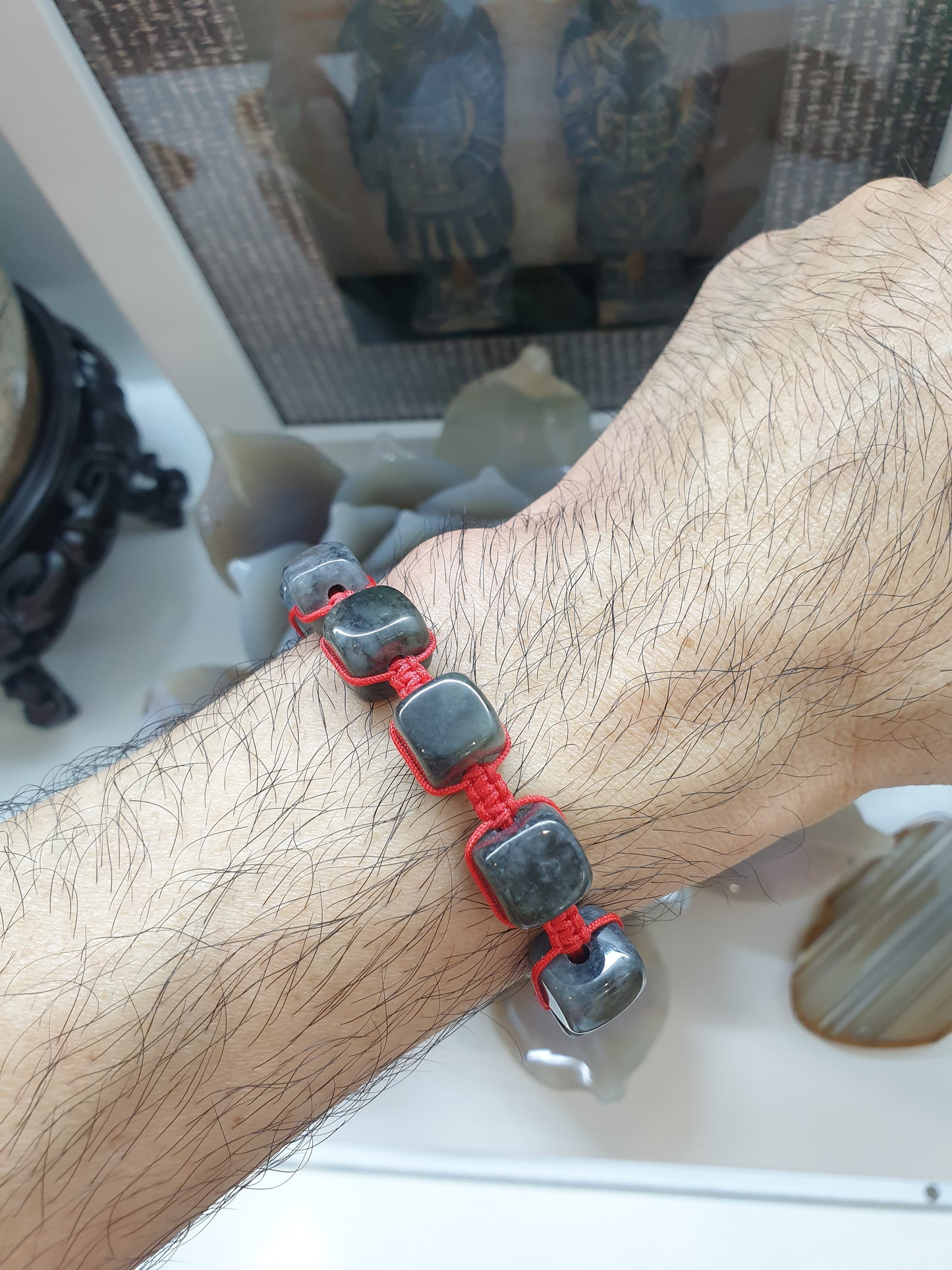 Black Jade Cubes Red Thread Bracelet (Adjustable) | Type A - Natural Jade