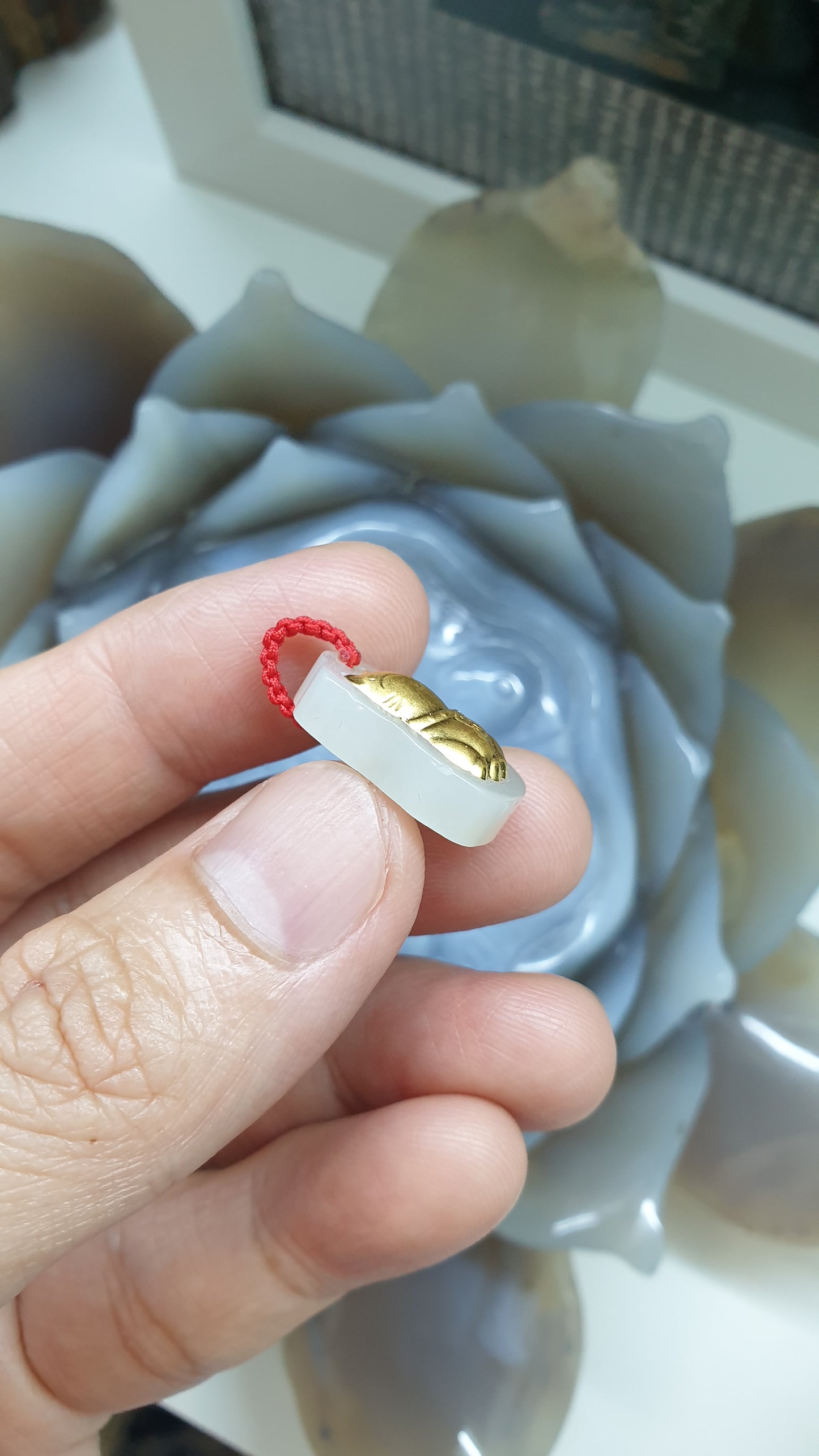 24K Gold Maneki-neko Pendant |(4D Printed / Coated) | Natural Hetian Jade | Lucky Red Thread