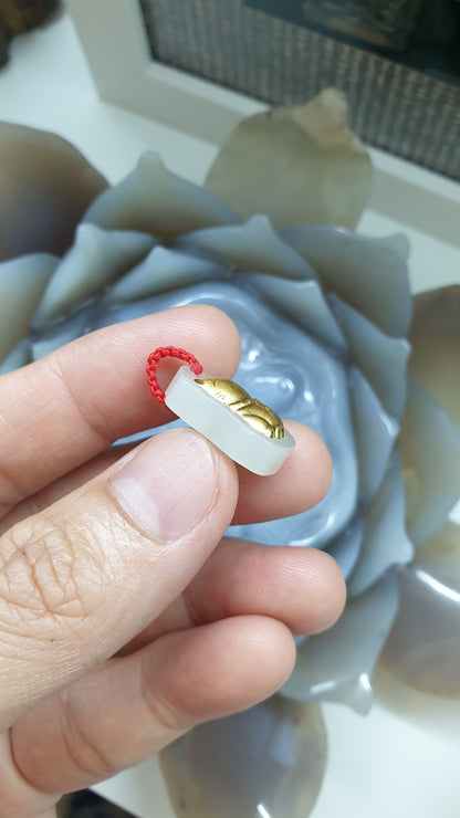 24K Gold Maneki-neko Pendant |(4D Printed / Coated) | Natural Hetian Jade | Lucky Red Thread