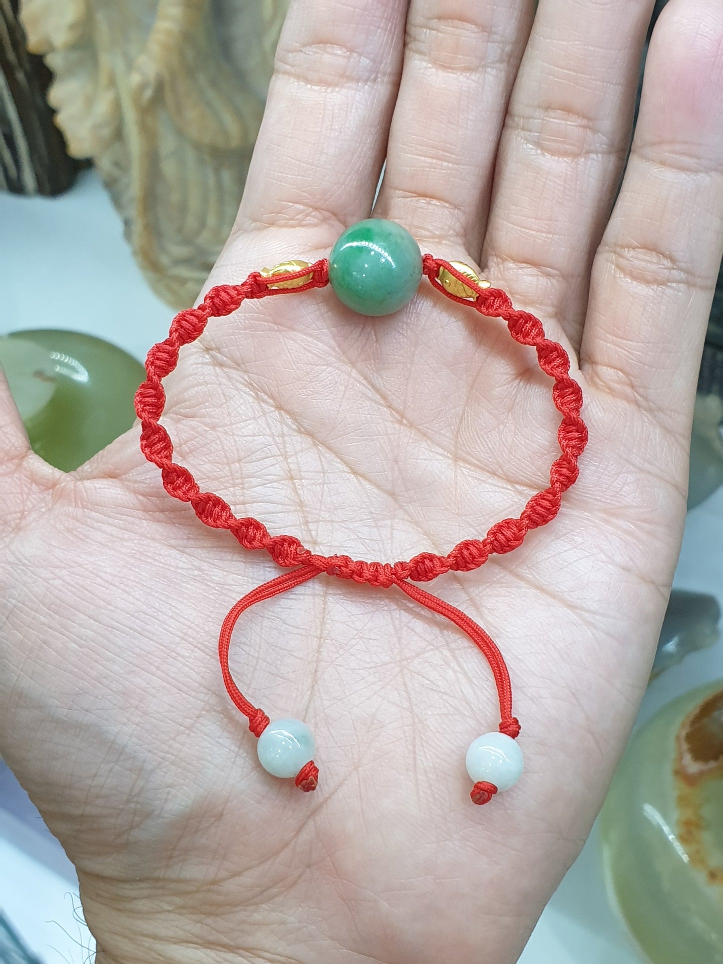 Jade & Koi Fish Red Thread Bracelet (Adjustable) | Pure 24K Gold | Fei Cui - Type A Jadeite